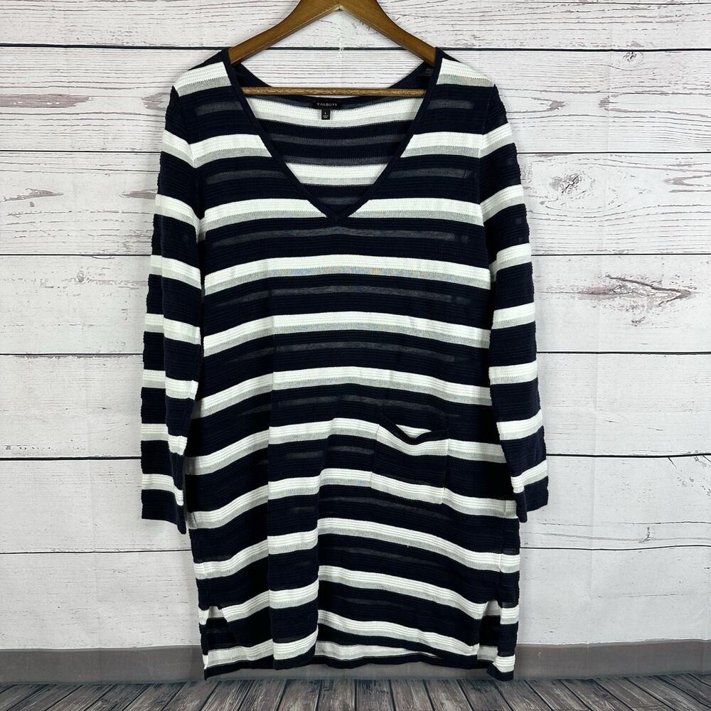 Talbots Swim Cover Up Womens‎ Large Blue Striped Beach Costal Resort Gauze